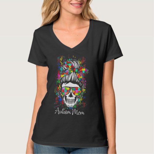 Autism Mom Skull Tired Exhausted Autism Awareness T_Shirt
