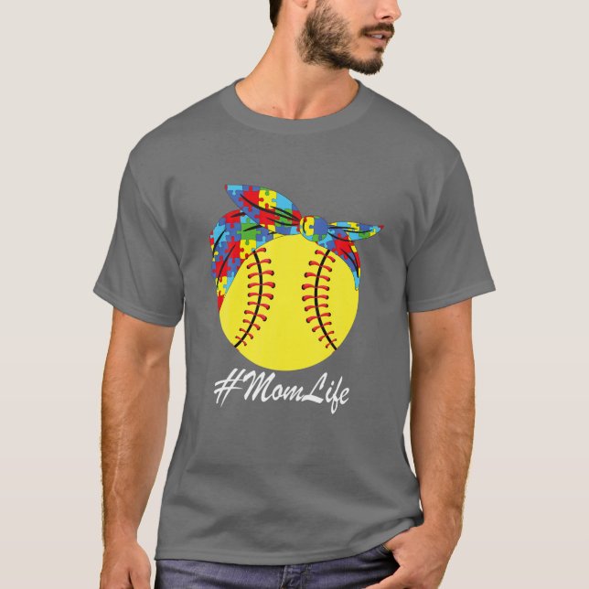 Autism Mom Softball Messy Bun Autism Awareness T-Shirt (Front)