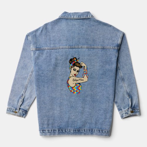 Autism Mom Unbreakable Rosie The Riveter Strong Wo Denim Jacket