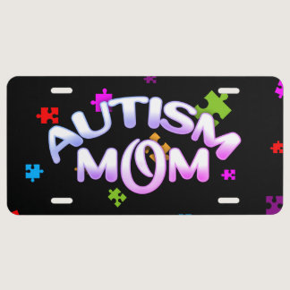 AUTISM MOM with Rainbow Colored Puzzle Pieces License Plate