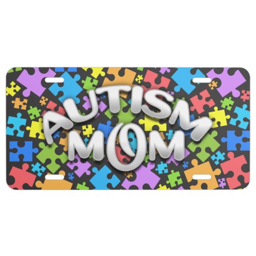 AUTISM MOM with Rainbow Colored Puzzle Pieces License Plate