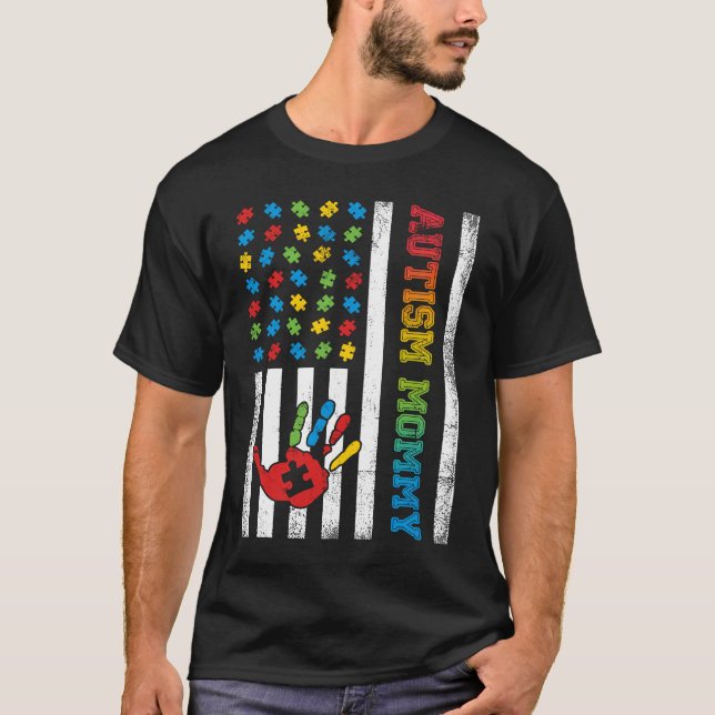 Autism Mommy American Flag Autism Awareness T-Shirt (Front)