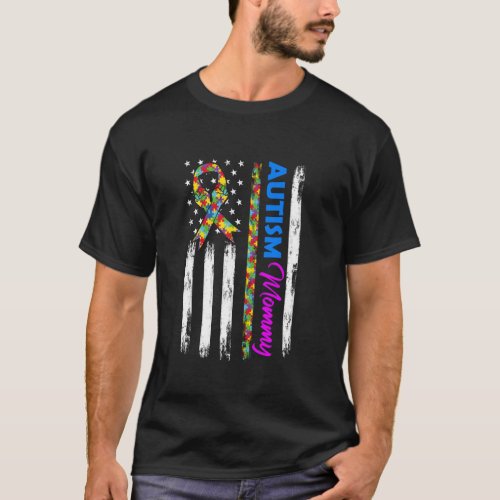 Autism Mommy American Flag Puzzle Ribbon Support T-Shirt