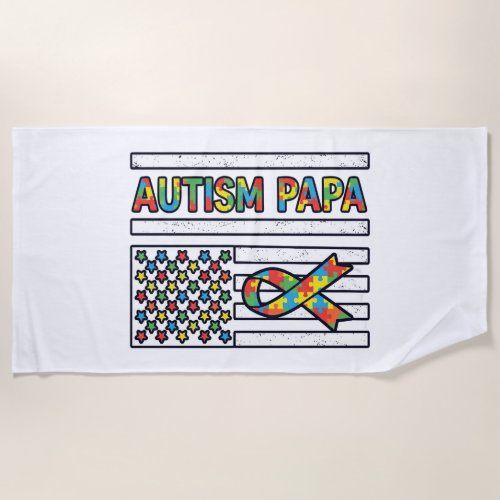 Autism Papa Flag Ribbon Puzzle Piece Shirt Design_ Beach Towel