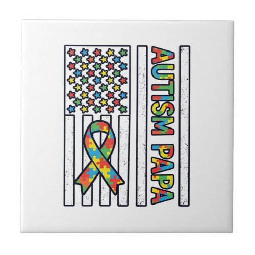 Autism Papa Flag Ribbon Puzzle Piece Shirt Design_ Ceramic Tile