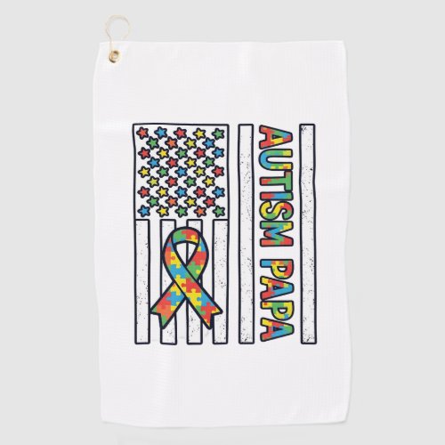 Autism Papa Flag Ribbon Puzzle Piece Shirt Design_ Golf Towel