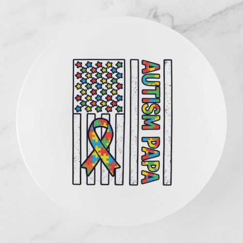 Autism Papa Flag Ribbon Puzzle Piece Shirt Design_ Trinket Tray
