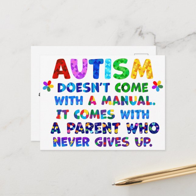 AUTISM Parent Never Gives Up Postcard (Front/Back In Situ)