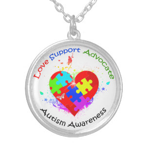 Autism Puzzle on Heart Silver Plated Necklace