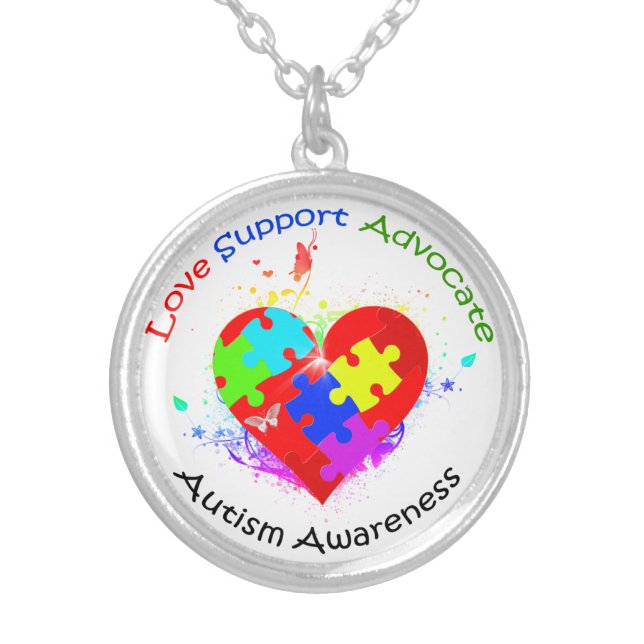 Autism Puzzle on Heart Silver Plated Necklace (Front)