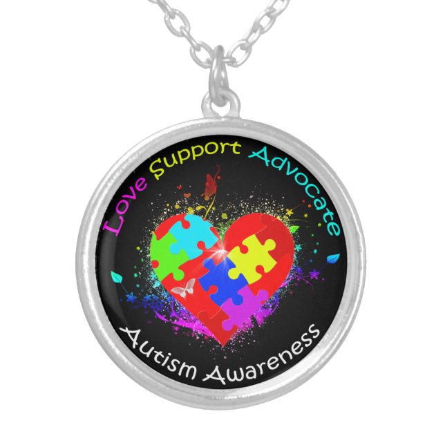 Autism Puzzle on Heart Silver Plated Necklace (Front)