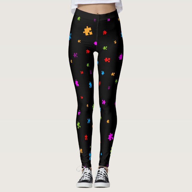Autism Puzzle Pieces on BLACK Leggings (Front)