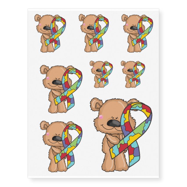Autism Ribbon Awareness Bear Temporary Tattoos (Front)