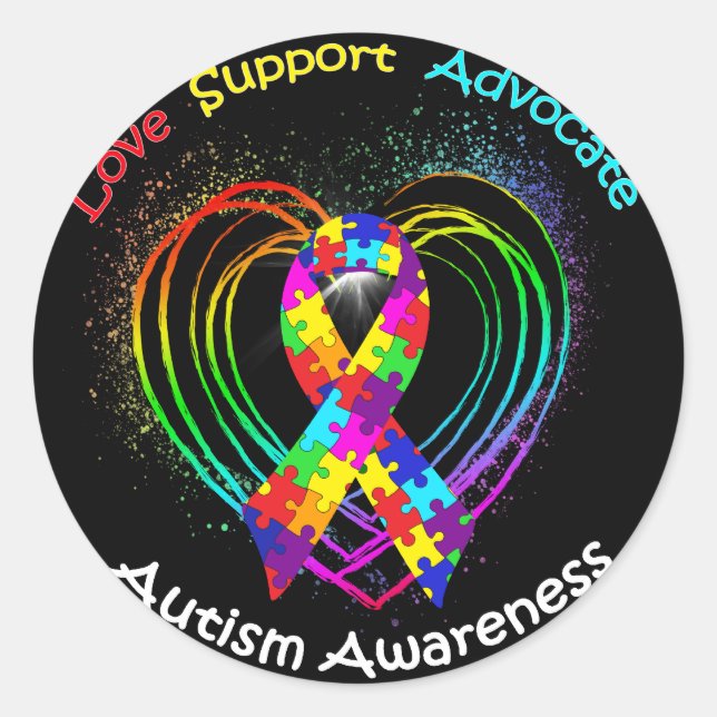 Autism Ribbon on Heart: Classic Round Sticker (Front)