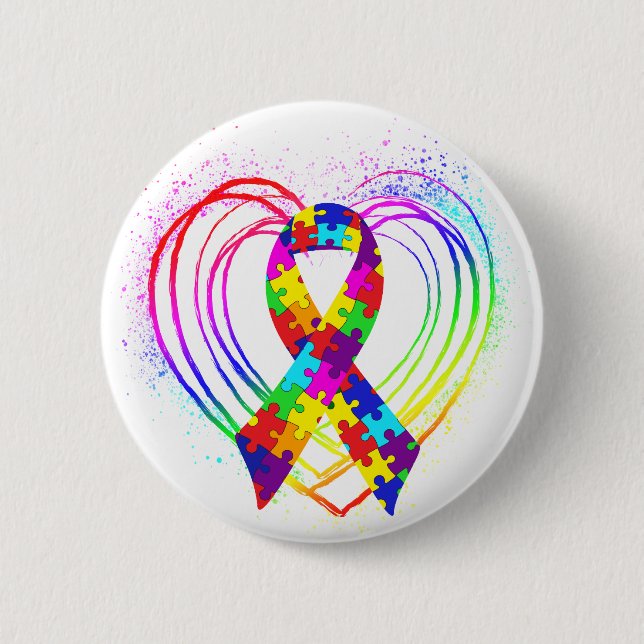 Autism Ribbon on Heart: Pinback Button (Front)