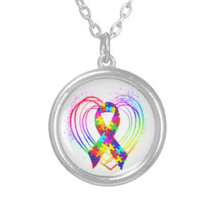 Autism Ribbon on Heart Silver Plated Necklace