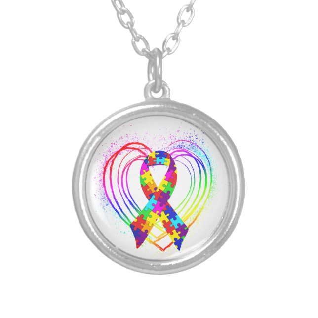 Autism Ribbon on Heart Silver Plated Necklace (Front)