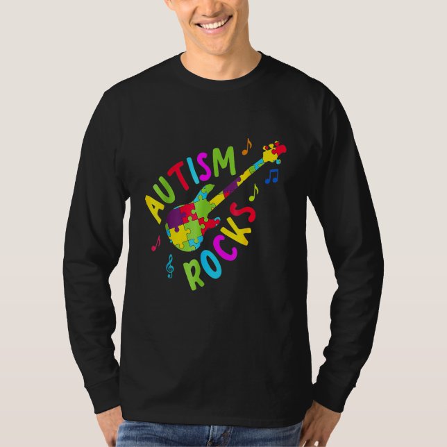 Autism Rocks  Autism Awareness Guitar Puzzle Piece T-Shirt (Front)