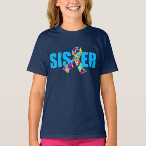 Autism Sister Cute Blue Awareness Ribbon Kids T_Shirt