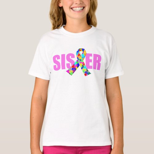 Autism Sister Pretty Pink Awareness Ribbon Kids T_Shirt