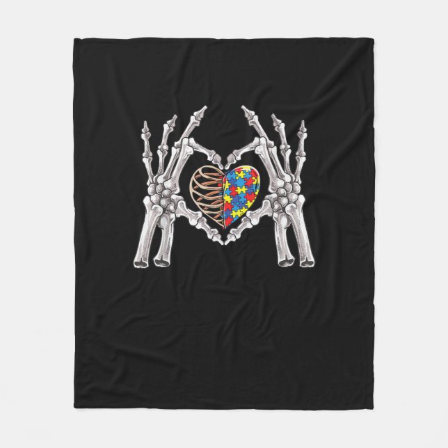 Autism Skull Hand Puzzle Piece Heart Creative Fleece Blanket (Front)