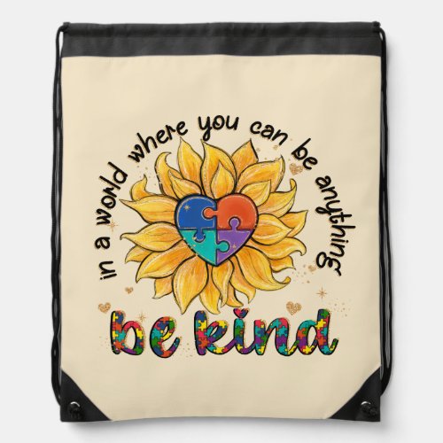 Autism Sunflower Be Kind Drawstring Bag