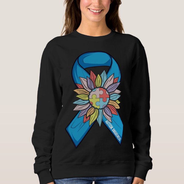 Autism Sunflower Blue Ribbon In April We Wear Blue Sweatshirt (Front)
