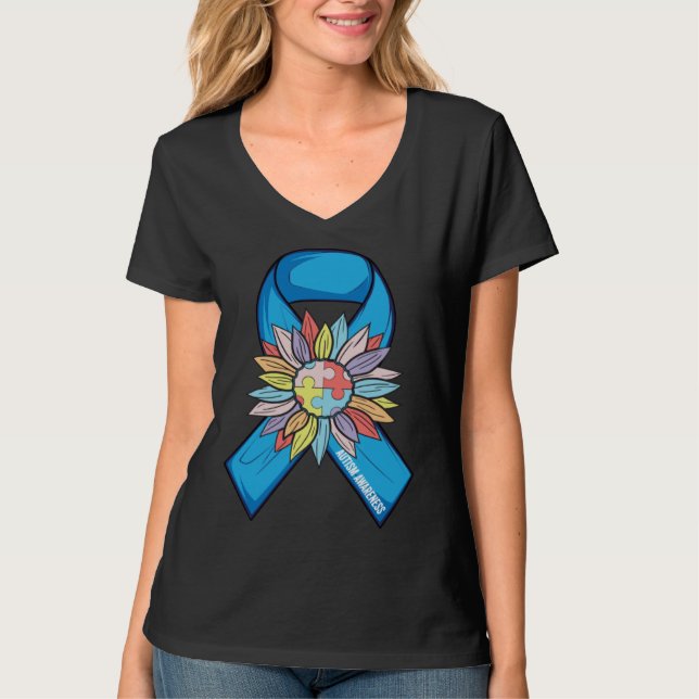 Autism Sunflower Blue Ribbon In April We Wear Blue T-Shirt (Front)