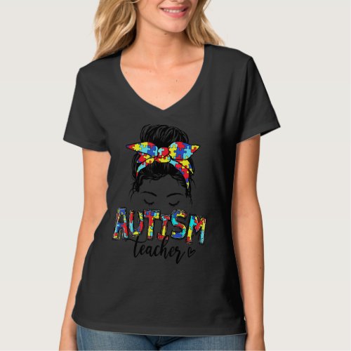 Autism Teacher Messy Bun Autism Awareness Puzzle P T_Shirt