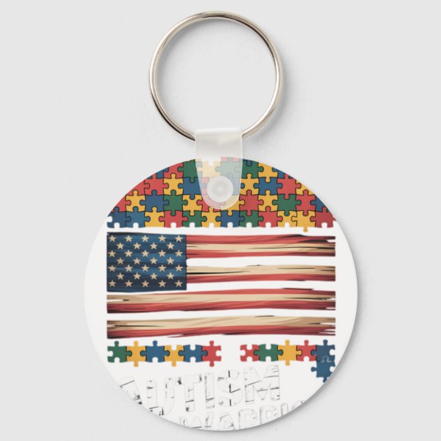 Autism Warrior Awareness Support USA Flag Neurodiv Keychain (Front)