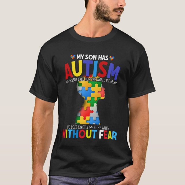 Autism  Women Men Family My Son Has Autism Awarene T-Shirt (Front)