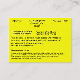 Autistic Alert Card