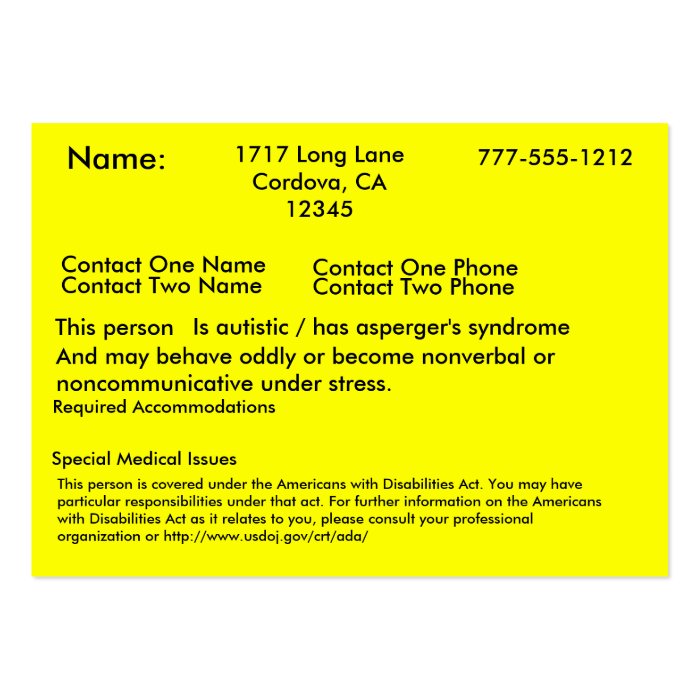 Autistic Alert Card Business Card Template