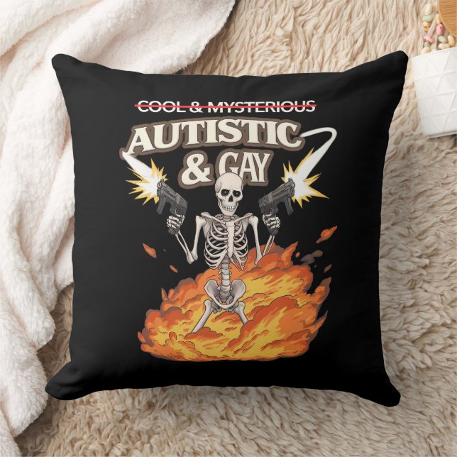 Autistic and Gay Skeleton Funny Autism Awareness Throw Pillow (Blanket)