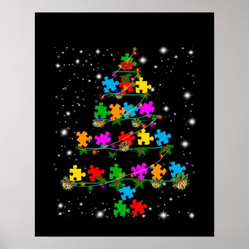 Autistic  Autism Puzzle Piece Christmas Tree Poster