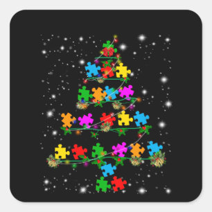 Autistic Autism Puzzle Piece Christmas Tree Square Sticker