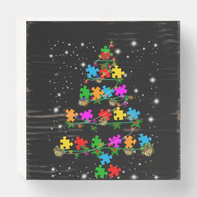Autistic | Autism Puzzle Piece Christmas Tree Wooden Box Sign (Front Horizontal)