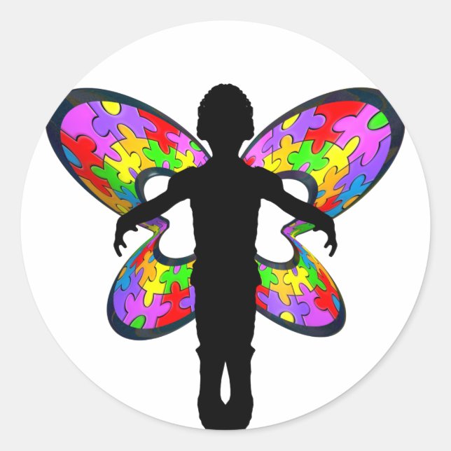 Autistic Butterfly Ribbon Classic Round Sticker (Front)
