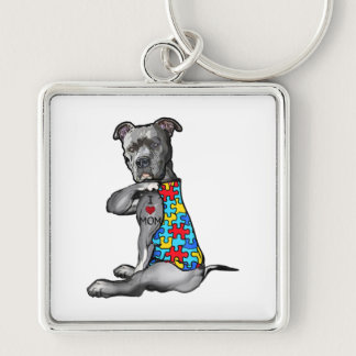 Autistic | Cool Pitbull I Love Mom Autism Puzzle Keychain