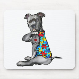 Autistic | Cool Pitbull I Love Mom Autism Puzzle Mouse Pad