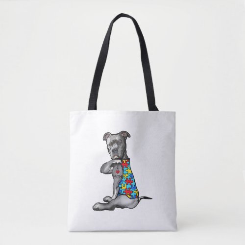 Autistic  Cool Pitbull I Love Mom Autism Puzzle Tote Bag