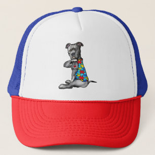 Autistic Cool Pitbull I Love Mom Autism Puzzle Trucker Hat