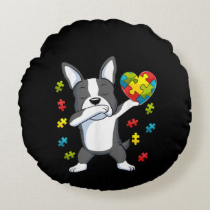 Autistic Dabbing Boston Terrier Puzzle Piece Heart Round Pillow