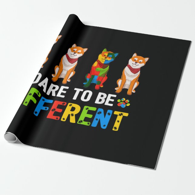 Autistic | Dare To Be Different Cute Shiba Inu Dog Wrapping Paper (Unrolled)