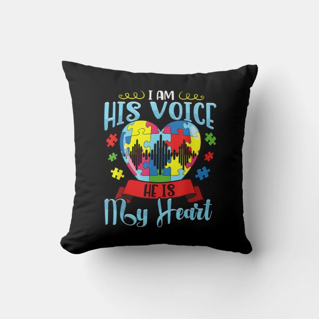 Autistic | I Am His Voice He Is My Heart Puzzle Throw Pillow (Front)