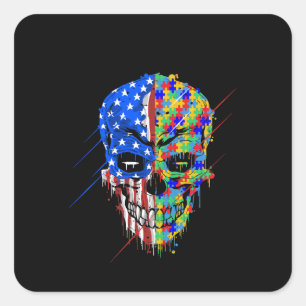 Autistic   Spooky Skull American Support Autism Square Sticker