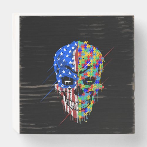 Autistic  Spooky Skull American Support Autism Wooden Box Sign