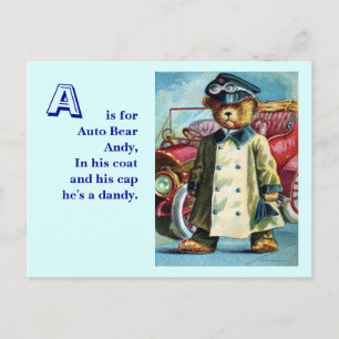 Auto Bear Andy - Letter A - Vintage Teddy Bear Postcard