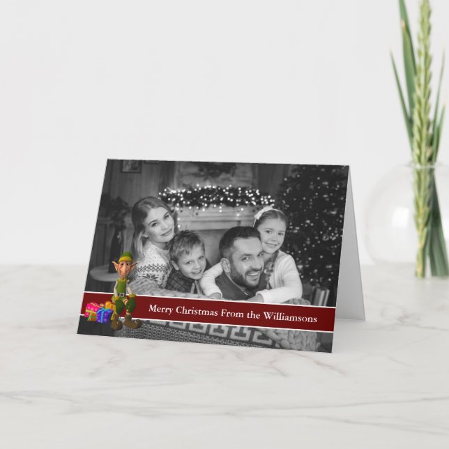 Auto Black and White Christmas Photo With Fun Elf Holiday Card (Front)