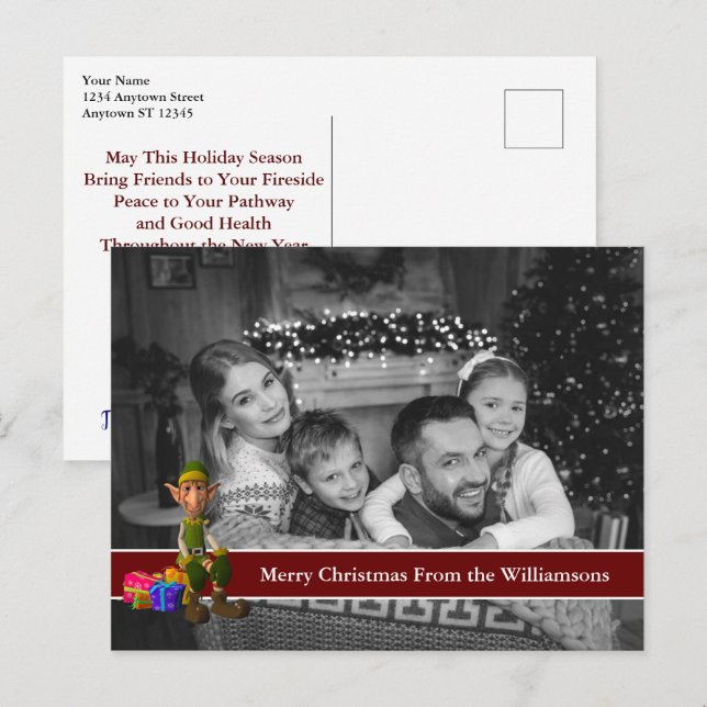 Auto Black and White Christmas Photo With Fun Elf Postcard (Front/Back)